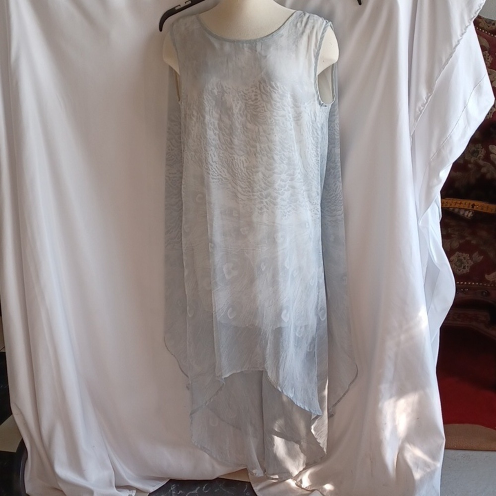 Religion High Low dress, Gray Peacock, Sz L, 20" PTP, 34" L front, 44" L Back